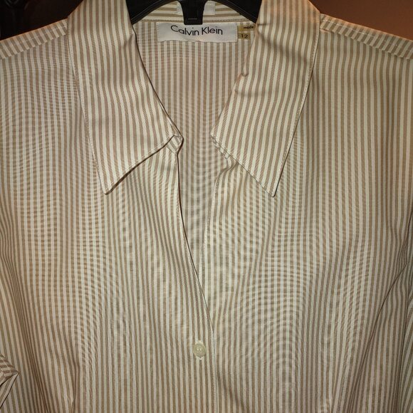 Calvin Klein Brown Striped Button Down Shirt NWOT – Classic Workwear Top - Picture 1 of 2